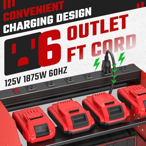 ZESEN Power Tool Organizer with Charging Station, Heavy Duty 3 Layer Drill Holder Wall Mount Garage Shelf Rack with 6 Outlet Power Strip, Tool Shelf with Hooks, Drill Bit Rack for Garage, Red - Thumbnail 2