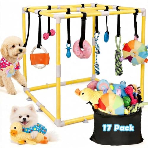 Wofypetny Puppy Play Gym with 17 Hanging Toys - Interactive Enrichment Activity Center for Small Dogs & Puppies, Dog Indoor Jungle Gym, Adjustable PVC Frame with Teething & Squeaky Toys, Yellow - Image 1
