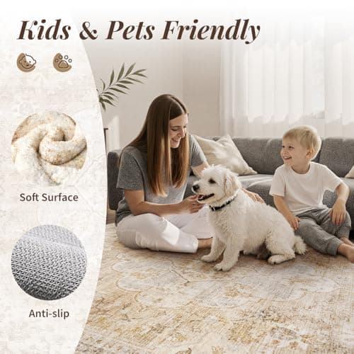 tchdio 5x7 Area Rugs for Living Room, Vintage Non Slip Washable Rug, Soft Low Pile Neutral Area Rug Large Floor Indoor Carpet for Bedroom, Dining Room, Office (Beige, 5'x7') - Thumbnail 3