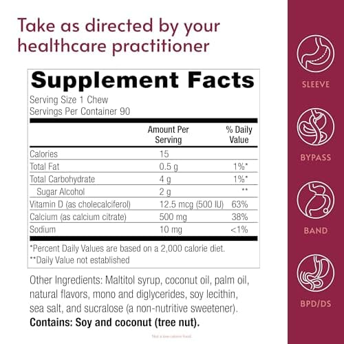 Bariatric Advantage Calcium Citrate Chewy Bites 500 mg - Highly Absorbable & Digestible - Vitamin D3 - Easily Chewable Calcium Supplement - Coconut Flavor - 90 Count - Thumbnail 4