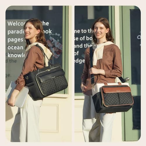 LOVEVOOK 15.6 Inch Teacher Tote Bag for Women Work with Accordion File Area, Laptop Work Tote Bag with Laptop Compartment, nurse Handbag Bags with Large Capacity & Cup Holder, black - Thumbnail 4