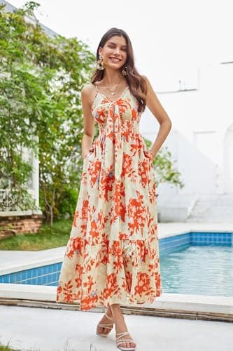 Women's 2025 Summer Beach Dresses Floral V Neck Tie Front Spaghetti Strap A Line Casual Sundress Wedding Guest - Thumbnail 3