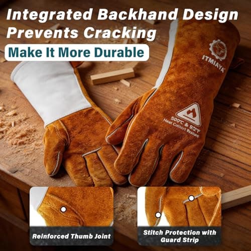 ITMIAYA® Premium Welding Gloves 16 Inch 500℃/932℉ XL Heat Resistant Leather Work Gloves Heavy Duty Durable Stitch Guard Fireproof for MMA/MIG/TIG/Forge/BBQ/Garden Work/Woodworking/Fireplace - Thumbnail 4