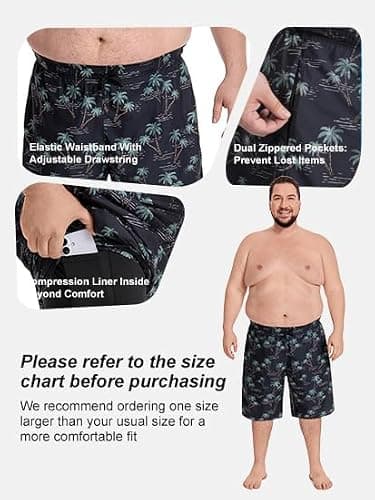 Yansylphsan Men‘s Big & Tall Swim Trunks 10 Inch - Quick Dry Beach Shorts with Compression Liner & 3 Pockets for Swimming, Beach (2X-6X) Black Leaves - Thumbnail 3
