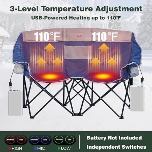 SUNNYFEEL Heated Double Camping Chair, Oversized Folding Loveseat Chair, Heavy Duty Portable/Foldable Lawn Chair for Beach/Outdoor/Travel/Picnic, Fold Up Camp Chairs for Adults 2 People - Thumbnail 4