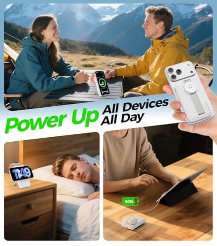 APTMAPT Magnetic Wireless Charger, 20W Fast Charging, MagSafe Charger with Stand, Travel Charging Station for iPhone 17/16/15/14/13/12, iWatch, Air pods, White - Thumbnail 3