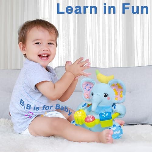 Baby Elephant Musical Stuffed Animals Toy with Light-Up Music & Crinkle,Infant Bilingual Early Learning Education Toys,1st Easter Basket Shower Stuffers for 0-3-6-12+ Months Boy Girl Gifts,Blue - Thumbnail 4