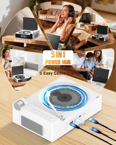 Qobayleo 9-in-1 Portable Retro CD Player for Home with Built-in Hi-Fi Dual Stereo Speakers, Bluetooth, FM Radio, Remote Control & Timer, LED Display, Support USB/AUX/Type-C, Festival Gift, White - Thumbnail 4