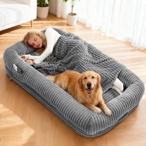 OtterOasis Foldable Human Dog Bed 72"x44"x12", Fluffy Faux Fur Pet Bed with Blanket, Orthopedic Dog Bed with Egg Foam and Water Repellent Liner (Light Grey (Surround), 72" Length) - Image 1