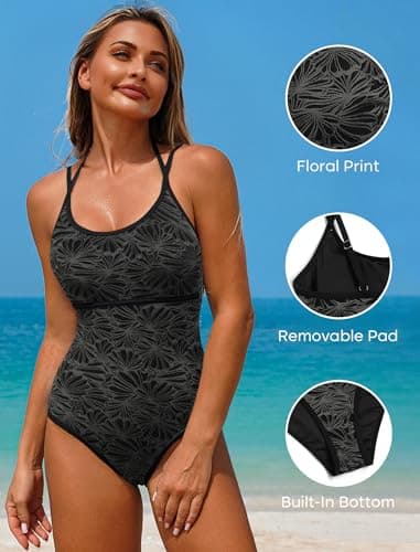 ZAFUL One Piece Swimsuit Women Tummy Control Bathing Suit Sexy Slimming High Cut Adjustable Strap Halter Swim Suit Retro Floral Print Tie Back Sporty Swimwear Modest Push Up Swimsuits Black,XS - Thumbnail 4