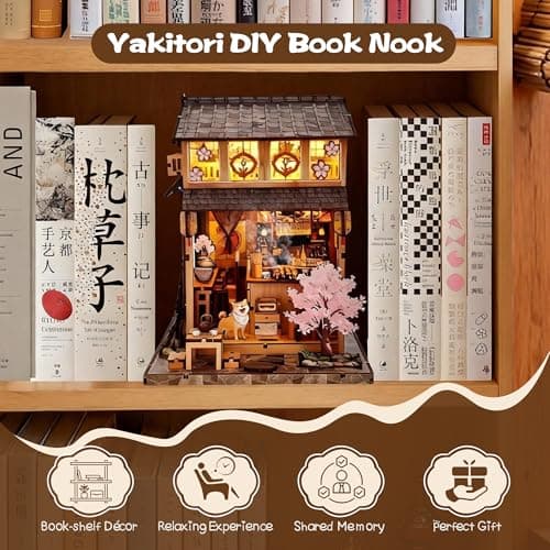 Soothee Japanese DIY Book Nook Kit with LED Lights - 3D Puzzles for Adults & Teens, Miniatures for Bookshelf Decor, Relaxing & Unique Easter Gift for Craft Lovers (Yakitori Grill House) - Thumbnail 2