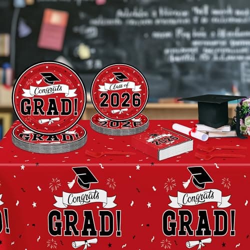 QZYL 122 Pcs Graduation Decorations 2026 Set, Disposable Class of 2026 Graduation Dinnerware, Red Grad Plates and Napkins Forks Tablecloth Congrats Grad Paper Dinnerware Serve 30 Party Decorations - Thumbnail 4