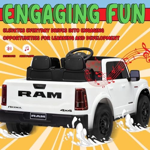 KerryYoo SQ7 Licensed RAM 24V Kids Electric Car Ride On Toys with Parent Remote Control, Spring Suspension, Storage Bed, Off-Road Electric Truck - White - Thumbnail 4
