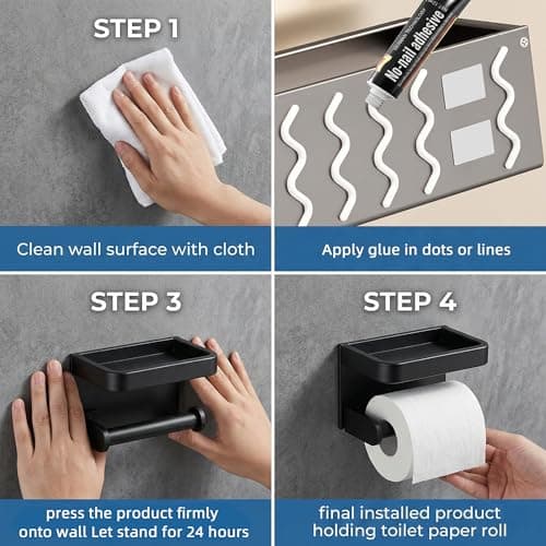 Lavstow Toilet Paper Roll Holder with Phone Shelf, Adhesive or Screw Aluminum Tissue Roll Holder Wall Mount, Rustproof for Bathroom,Washroom Black - Thumbnail 6