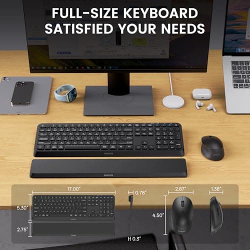 PHILIPS Bluetooth Keyboard and Mouse Combo, Ergonomic Design with Wrist Rest for Computer Keyboard, Bluetooth/2.4Ghz 3-Device Connectivity, Wireless Keyboard and Mouse Set for Windows/Android, Black - Thumbnail 5