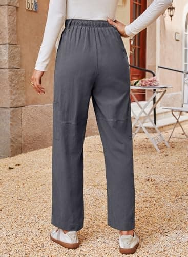 Dokotoo Linen Pants Women High Waisted Drawstring Stretch Pants Casual Loose Outdoor Travel Trousers Elastic Waistband with 4 Pockets Grey - Thumbnail 3