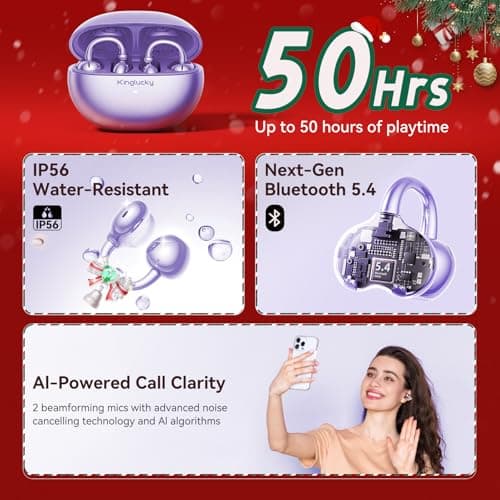 Kinglucky Open-Ear Clip-On Earbuds for Women with Detachable Holiday Bows, All-Day Comfort, Secure Fit, Lightweight Bluetooth 5.4 Wireless Earbuds 50H Playtime, Gift for Her, Clear Calls, Purple - Thumbnail 6