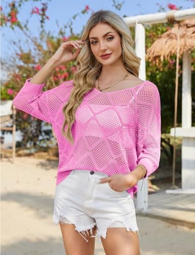 HUSKARY Beach Cover Ups for Women 2026 Trendy Summer Crochet Hollow Out 3/4 Batwing Sleeve Off Shoulder Tops Casual V Neck Loose Fit Pullover T-Shirts - Thumbnail 3