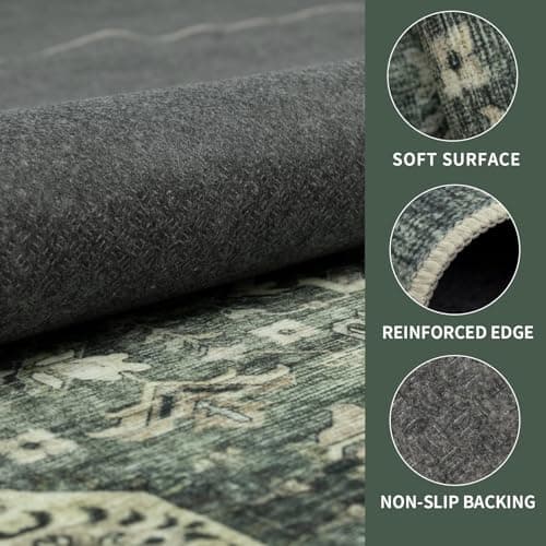 Dotiiorug 5x7 Washable Area Rugs Vintage Boho Floral Rug for Living Room Bedroom, Non Slip Low Pile Carpet 102 Green - Thumbnail 4