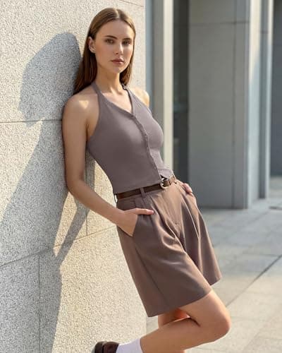 G4Free Backless Halter Top Y2K Going Out Ribbed Cropped Tank Tops Open Back V Neck Camisole Slim Fit (Taupe,L) - Thumbnail 3