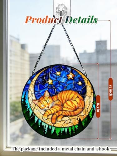 Stained Glass Window Hanging, Orange Sleeping Cat Suncatcher for Door Home Decor Moon Starry Night Sun Catcher Ornament Mother's Day Birthday Gifts for Women Men Mom 6.3 in - Thumbnail 5