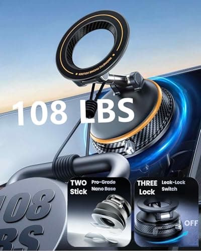 Fclvd Magnetic Car Phone Holder, 360°Adjustable Vacuum Dashboard and Windshield Mount Magsafe Cell Phone Holders for Your Car, Carbon Fiber 108+LBS Nano Gel Suction Cup, iPhone, Samsung (Orange) - Thumbnail 3