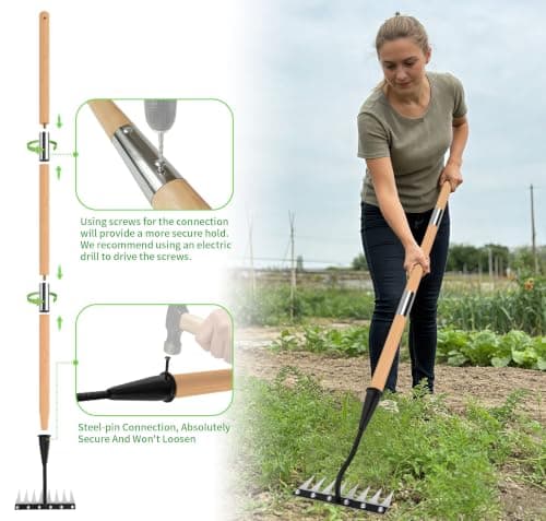 ATLRGISL Iron Weed Rake with Wooden Long Handle, 8 Teeth Weed Puller Tool Heavy Duty, Manual Gardenia Weeding Rake Tool for Yard, Lawn and Garden, 56Inch - Thumbnail 3