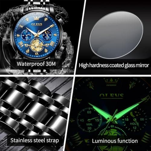 OLEVS Watch Men Blue Dial Black Stainless Steel Luxury Chronograph Dress Analog Quartz Wrist Watches for Men Waterproof Moon Phase Fashion Luminous Nice Mens Watches Relojes para Hombres - Thumbnail 3