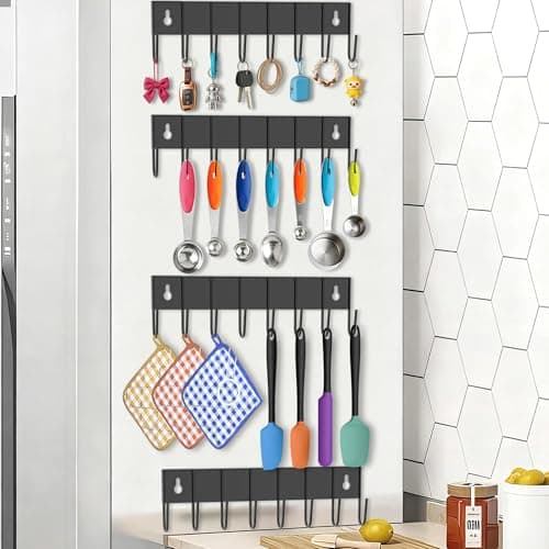 sawgos Magnetic Key Holder with 8 Hooks for Fridge Key Hanger Organizer for Wall Mount with 8 Self-Adhesive Sticker No Drilling Required Metal Key Rack for Door, Bathroom, Kitchen,Garage (4, Black) - Image 1
