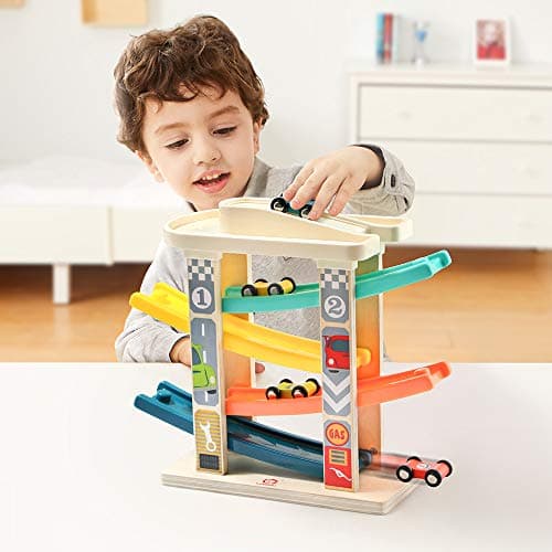 TOP Bright Toddler Wooden Race Track Car Ramp Toys for 1 2 Year Old Baby Motor Skills Race Tracks Car Ramp Vehicle Playsets with 4 Mini Cars and 1 Car Garage - Thumbnail 5