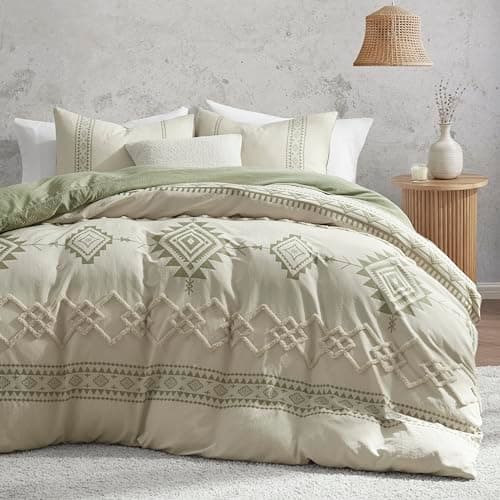 Oli Anderson Boho Duvet Cover Set King Size, Beige and Sage Green Color Clash 3 Pieces Microfiber Bedding Set, Durable and Super Soft Duvet Covers with Zipper and Ties, 104"*90" - Image 1