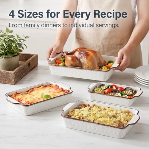 ONEMORE Casserole Dishes for Oven, Ceramic Baking Dish Set of 4, Non-Stick Lasagna Pans with Handles, Rectangular Bakeware Set for Cake, Roasting, Broiling, Gratin, Banquet, Microwave & Dishwasher Safe(3.8/2.6/1.7/1.1 Qt) (White 01) - Thumbnail 4