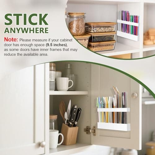 Malldii 9.5" Large Acrylic Straw Holder for Cabinet Door - Reusable Tumbler Straw Organizer Storage, Small Kitchen Accessories Container, Ultra Sticky Cupboard Door Mounted (White) - Thumbnail 5