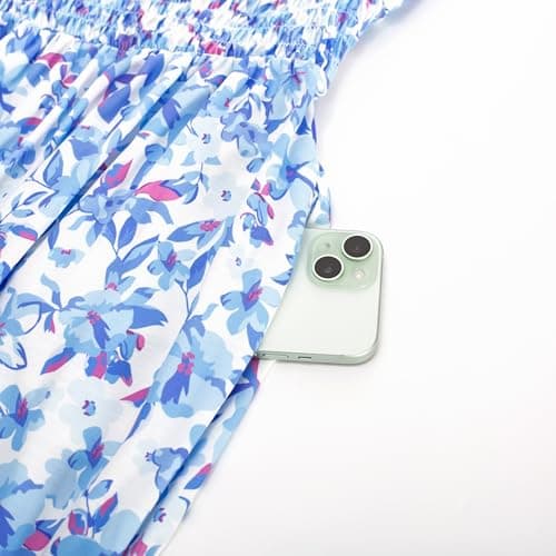 Women's 2025 Summer Floral Boho Dress Square Neck Strapped Swing A Line Beach Long Maxi Dress with Pockets Blue Floral L - Thumbnail 5