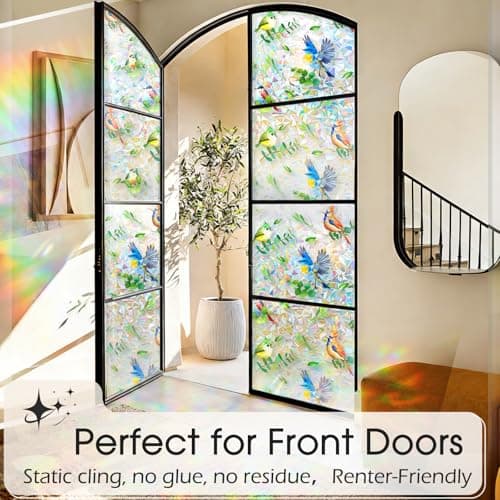 Stained Glass Privacy Window Film 3D Rainbow Bird & Leaf Window Privacy Film Decorative Static Cling UV Blocking No Peeling No Glue with Installation Kit for Kitchen Bathroom Rental 29.5" W x 78.7" H - Thumbnail 3