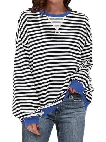 ANRABESS Women’s Striped Oversized Sweatshirts Crew Neck Long Sleeve Shirts Soft Color Block Pullover Top Fashion Clothing Black White XX-Large