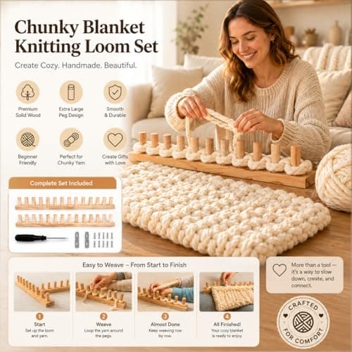 48'' Chunky Knitting Blanket Loom, Adjustable Wood Knit Loom with Detachable Modules, Portable Hand Weaving Loom Kit for Beginners, DIY Yarn Craft Tool for Home & Trave (48 inch) - Thumbnail 5