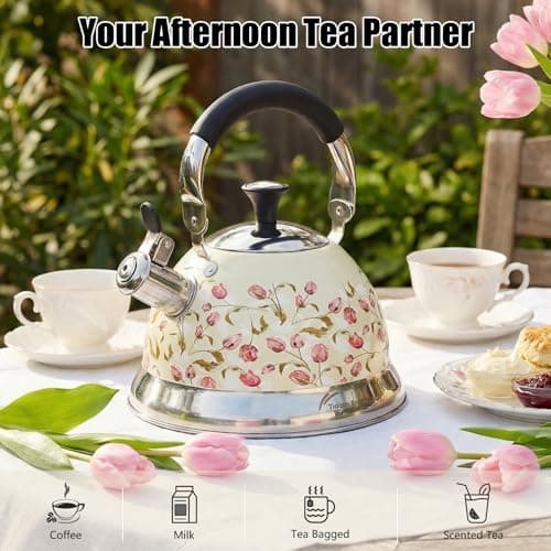 Tinlon Enamel Tea Kettle, 3.1QT Whistling Stovetop Teapot, Folding Handle - Thumbnail 2