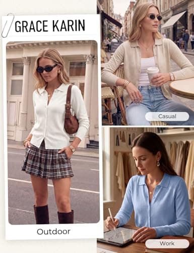 GRACE KARIN Women Cardigan Sweaters Trendy Fall Fashion Button Up Cardigans Lapel Collar Long Sleeve Outfits(Beige,Small) - Thumbnail 6