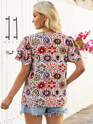Bellcoco Womens Summer Boho Tops Short Sleeve Peplum Blouses V Neck Bohemian Shirt Tie Front Tunic Vacation Clothes Multicolored Floral Medium - Thumbnail 4