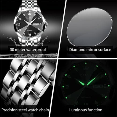 OLEVS Watch Men Black Silver Automatic Stainless Steel Classic Luxury Dress Men Watch Self Winding Date Large Face Waterproof Mens Watches - Thumbnail 6