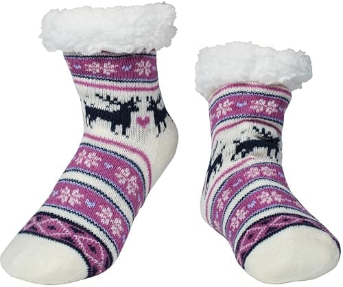 BenSorts Kids Winter Slipper Socks Warm Soft Christmas Fleece Fuzzy Gift For Girls Boys Cute Purple Reindeer 8 9 10 11 12 Years - Image 1