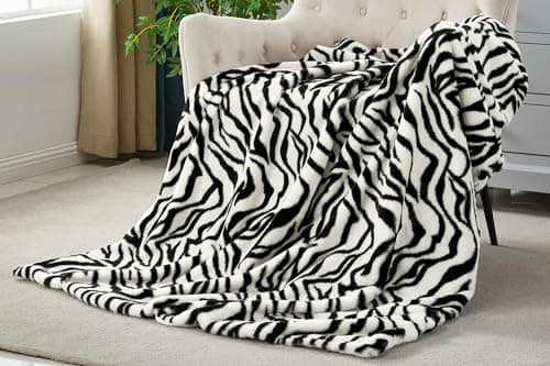 JONIYEAR Soft Fluffy Zebra Print Faux Rabbit Fur Throw Blanket 50" x 60", Luxury Cozy Shaggy Fuzzy Blankets, Reversible Cute Warm Animal Printed Blanket for Women Winter,Washable,Cream White and Black - Thumbnail 6