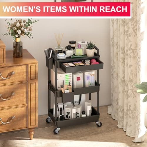 Goovilla 3 Tier Rolling Utility Cart Organizer with Removable Drawer, Stable and Sturdy Black Rolling Storage Carts with 2 Lockable Wheels for Bathroom, Kitchen, Snack, Craft, Makeup, Baby Essentials - Thumbnail 5