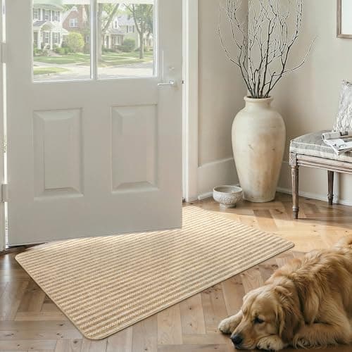 MatEssenz Washable Door Mat 2x3 ft, Inside Welcome Mat, Low Profile Entryway Rug, Neutral Striped Faux Linen, Non-Slip Mudroom & Back Door Mat, Pet Friendly, Khaki - Image 1