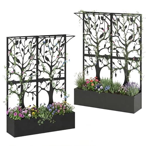 Metal Planter Box with Trellis Set of 2, Outdoor Privacy Planters for Patio, Tall Raised Garden Bed for Climbing Plants, Vegetables, Fruits, Balcony, Outside, 62.4 x 12.2 x 44.6 Inch, 2PCS, Black