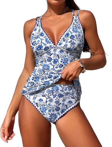 Jillumi Tankini Swimsuits for Women Color Block Shell Stitch Push Up Tankini Top High Waisted Bathing Suit with Cheeky Shorts (Blue Floral XXL) - Image 1