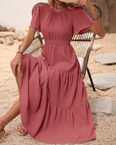 PRETTYGARDEN Women's Summer Casual Short Flutter Sleeve Round Neck Smocked Waist Tiered Boho Floral Flowy Maxi Dress(Solid Bean Paste Red,XX-Large) - Thumbnail 4