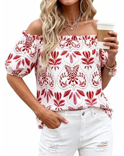 BTFBM Off The Shoulder Boho Tops for Women 2026 Summer Spring Short Sleeve Floral Loose Resort Beach Vacation Clothes(Floral White Red, XX-Large) - Thumbnail 5