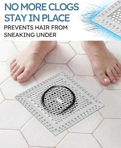 BAOTIYA Square Shower Drain Hair Catcher, Flat Shower Drain Hair Catcher, Anti-Clogging Fast Drainage, Anti-Slip & Stays in Place, Easy Clean Fits Bathroom Hair Catcher for Shower (Gray, 4 inch) - Thumbnail 2